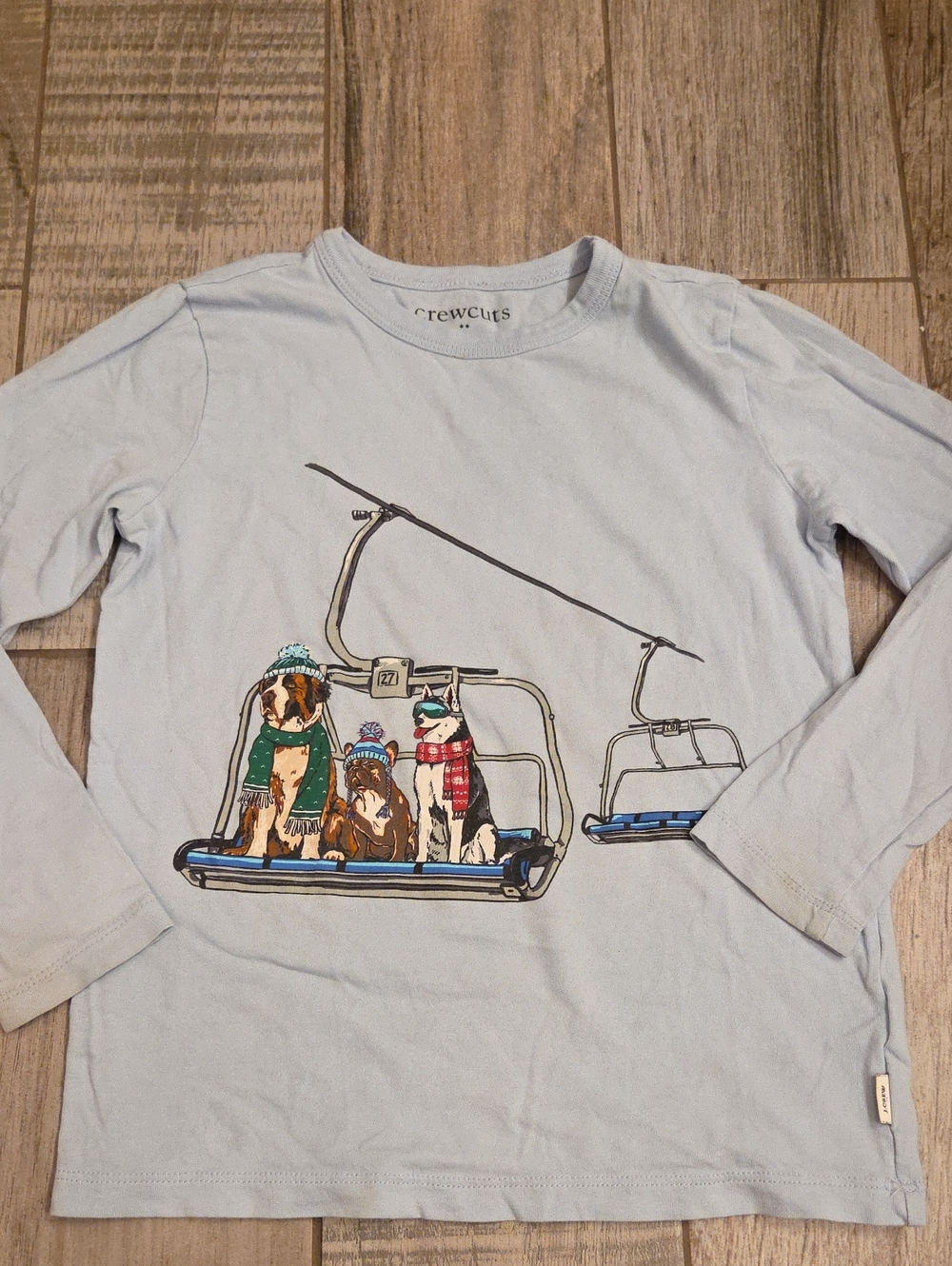 Crewcuts Light Blue Long Sleeve Tee with Dogs on Ski Lift Graphic